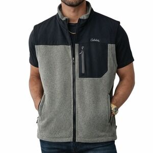 Cabelas Mens Fleece Vest Gray Navy Blue Full Zip Outdoor Pockets Size M Gorpcore